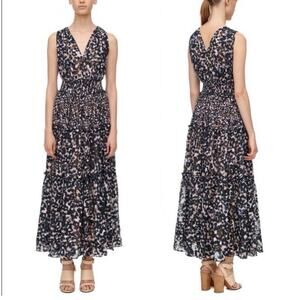 Rebecca Taylor Black Combo Oleander Leopard Print Silk Blend Maxi Dress Size 10